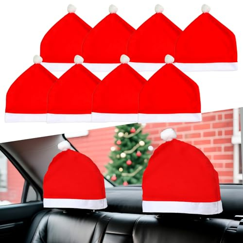 Finsink Weihnachten Kopfstützenbezüge,4 Stück Klassischer Weihnachtsmannhut Design,Weiche,Langlebige Weihnachtsdeko für Autositz,Festliche Auto Dekoration,Santa Hut Bezug,Perfekte Geschenkidee