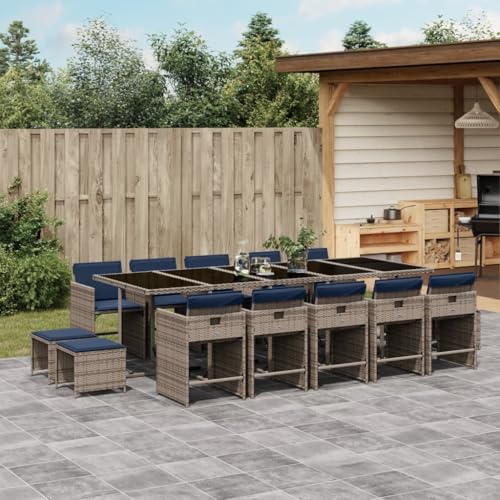 Holamys 15-teiliges Garten-ESS-Set mit Kissen, Grau Polyrattan, UV-beständig, 10 Stühle 4 Hocker, Outdoor Möbel für Terrasse Balkon