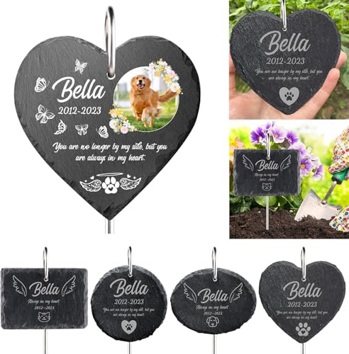 MJARTORIA Personalisiert Tiergrabstein Grabstein Hund Katze Grabplatte Grabstecker mit Gravur, Individuelles Grabschmuck Wetterfest Herz Grab Gedenkstein mit Namen Datum (Black Herz mit Foto)