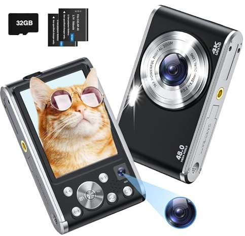Appareil Photo numérique 4K avec Double Appareil Photo HD 48 MP AutoFocus avec Carte 32 Go, Zoom numérique 16x, Appareil Photo Compact pour débutants