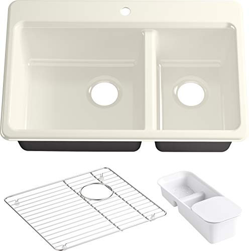 KOHLER Riverby® 33x22 Drop In Kitchen Sink, 9 Deep Large/Medium Double-Bowl, Top Mount Kitchen Sinks with Accessories, Single Faucet Hole, K-8669-1A2-96, Biscuit