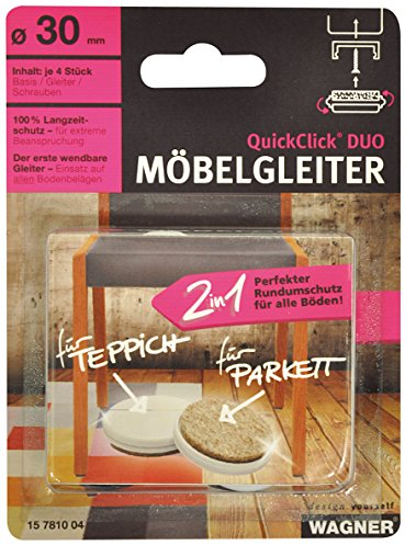 Wagner QuickClick® Filzgleiter & Kunststoffgleiter wendbar 2 Seiten Wollfilz & Kunststoff 4er-Set zum Anschrauben - 4X Basis+Schraube+Gleiteinsatz - Duo - Durchmesser Ø 30 mm - Made in DE - 15781004