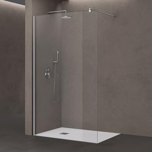 doporro Parete Doccia Walk-In 110x200 cm Senza Porta con Barra Telescopica | Vetro Temperato Trasparente 10 mm, Profilo Cromato, Supporto Inox 70-120 cm, Installazione a Pavimento o su Piatto Doccia