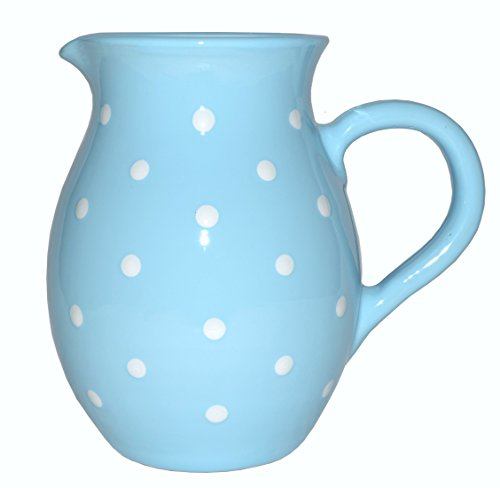 UNGARNIKAT - Keramik Krug 1,2l -Hellblau mit handbemalten weißen Punkten – Handgemachte Kanne im Landhausstil – Wasserkrug, Milchkrug oder Vase – Spülmaschinenfest
