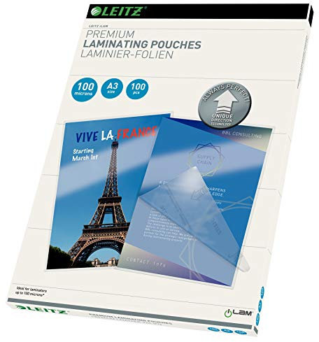 Leitz Heißlaminierfolien A3 100 mic, Laminierfolien in Premium-Qualität im 100er Pack, Glänzend, Transparent, Vereinfachtes Einlegen durch UDT, iLAM, 74870000