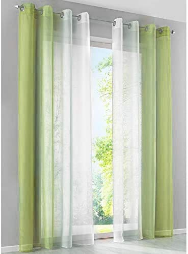 SIMPVALE Gardinen mit Ösen Farbverlauf 2er Set, Vorhang Transparent für Wohnzimmer Kinderzimmer Mädchenzimmer, Lichtdurchlässig Ösenschals Voile Weiß Grüne Breite 140 Höhe 175 pro Stück