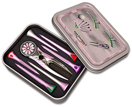 FancyTees M24 Lady Set - Pitchgabel + Ballmarker + Golf Tees Plastik Pink Bunt (Blume)