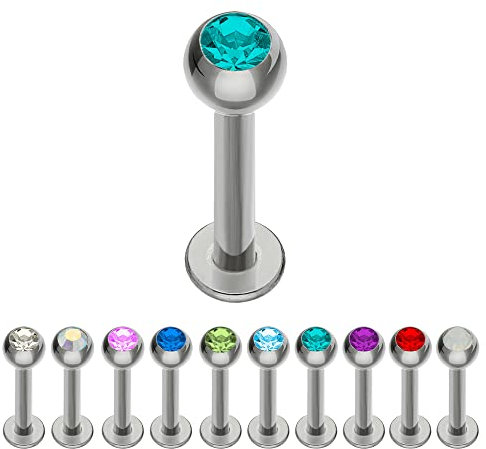 Treuheld® | Silbernes TITAN LABRET PIERCING mit KRISTALL - [107.] 1.2 x 6 mm (Kugel: 3mm) - petrol