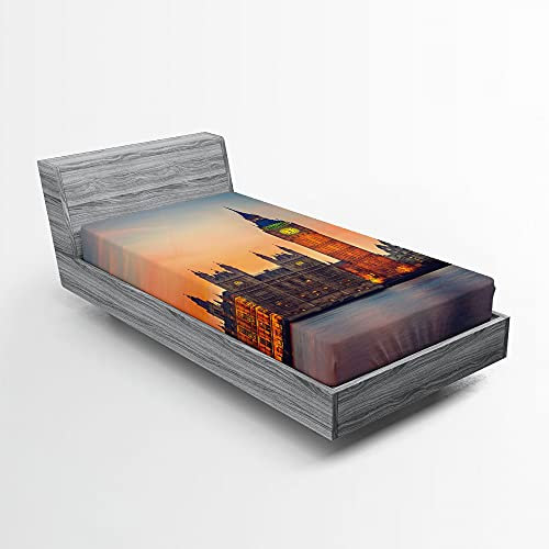 ABAKUHAUS London Spannbetttuch, Big Ben und das Parlament, Soft Dekorativer Stoff Bettwäsche Rund-um Elastischer Gummizug, 90 cm x 200 cm, Ringelblume Grau