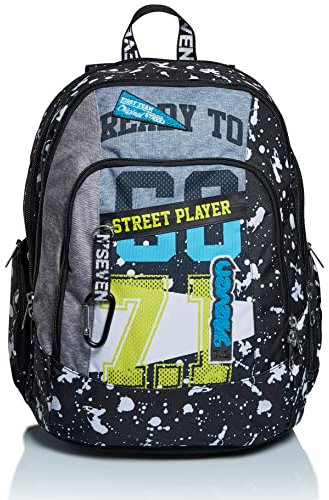 Seven Rucksack, Backpack für Schule, Uni & Freizeit, Geräumige Schultasche für Teenager, Mädchen, Jungen, Gepolsterter Schulranzen; mit Laptopfach & USB-Plug; Advanced Street Player, Mehrfarbig