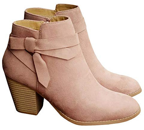PiePieBuy Damen Tie Knot Chelsea Pumps Stiefeletten Geschlossene Zehen Stacked Heel Booties Schuhe, rose, 41 EU