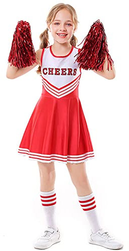 LOLANTA Cheerleader Kostüm Kinder, Cheerleadering Outfit Mädchen mit Pompons(10-11 Jahre,Rot,Tag 150)