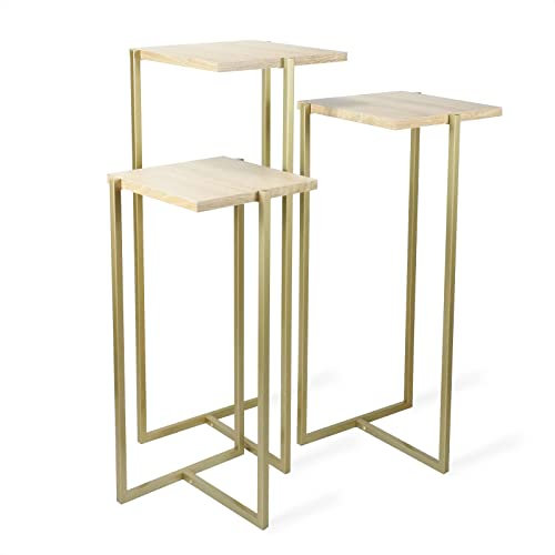 SKYPLUS LIVING Modern Gold Metal and Wood Nesting Display End Tables, Square Top, Set of 3, Plant Stand, Tiered Side Accent Tables, for Living Room or Bedroom, Small Space