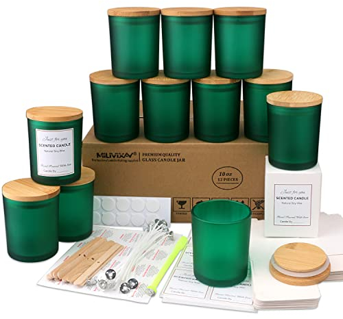 MILIVIXAY 12 Pack 10 OZ Matt Green Glass Candle Jars with Lids and Candle Making Kits - Bulk Empty Jars for Making Spice, Powder Containers
