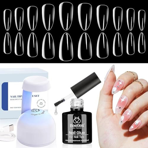 Beetles Easy Nail Extension Kit 500Pcs Pre shaped Medium Almond Soft Nail Tips with 5 in 1 Mutipurpose Glue Gel Base Uv Lamp for Manicure Art Diy Home Set Gift