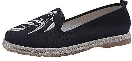 Sandalias con correa en T para mujer, alpargatas bordadas con hojas de joyería, mocasines para mujer, sin cordones, con boca poco profunda, zapatos simples individuales, zapatos casuales, zapatos de