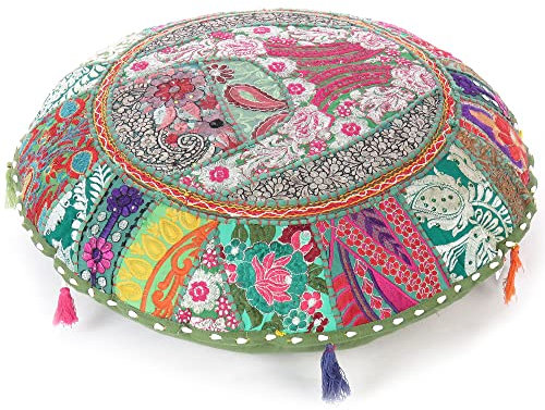 MAM Treasures Patchwork-Kissenbezug, rund, bunt, dekorativer Bodenkissenbezug, Meditationskissen, Sitzüberwurf, Bohemian-Akzent, Boho-Bezug, indischer handgefertigter Bezug (43 cm Durchmesser,