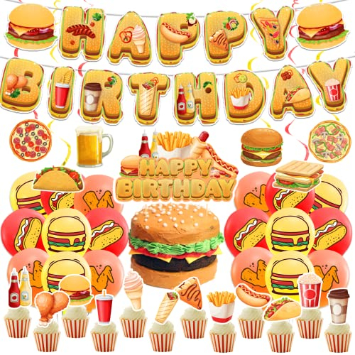 Fast Food Party Dekorationen Pizza Hamburger Gebratenes Hähnchen Hot Dog Party Lieferung inklusive Banner Cake Cupcake Toppers Spiralen Luftballons für Fast Food Geburtstagsdekorationen