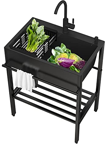 WORDFUN Fregadero De Cocina Independiente, Fregadero Negro De Acero Inoxidable, Fregadero Cocina Un Seno con Escurridor, Fregadero Camping con Grifo, Mueble Fregadero, Gran Capacidad