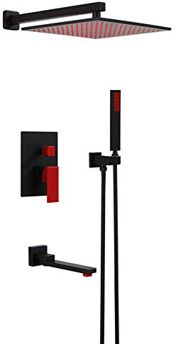 Regenduschsystem, schwarzes und rotes Regenmischer-Duschkombinationsset, wandmontiertes Badezimmer-Duscharmatur-Set mit Duschkopf, Handbrause, Wannenauslauf, eingebetteter Box Decoration