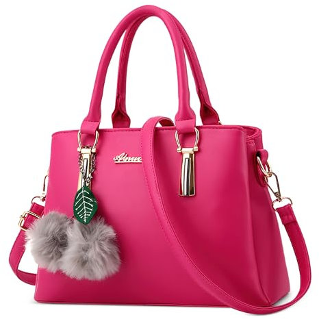 DEEVORCA Sac À Main Femme Classe – Sac Bandoulière en Cuir PU Imperméable avec Pompon Chic, Anse Confortable & Bandoulière Amovible, Idéal pour Travail, Shopping, Voyages Et Quotidien (Rose Fuchsia)