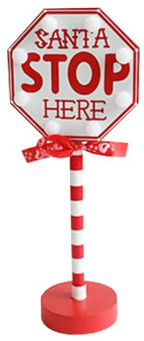 Santa Stop Here Sign Light up Small Standing Christmas Signs with Wooden Base Santa Stop Here Sign Outdoor Welcome Santa Sign Vintage Rustic Sign Ornaments for Christmas Decorations No Battery Style1