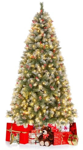 COSTWAY Sapin de Noël 195 cm, 909 Branches Articulées avec 420 LED Blanc Chaud, 8 Éclairage, Baies Rouges & Pommes de Pin, Arbre de Noël pour Fêtes, Bureau, Maison(195cm)