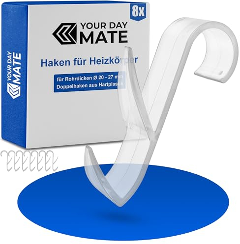 Mehrzweckhaken für Rundheizkörper, 8 Stück, in Transparent, Heizkörperhaken für Rohrdicken Ø 20 - 27 mm, Bad Heizkörper Haken, Handtuchhaken, Hakenclip Handtuch, Bademantel, Aufhänger Handtuchhalter