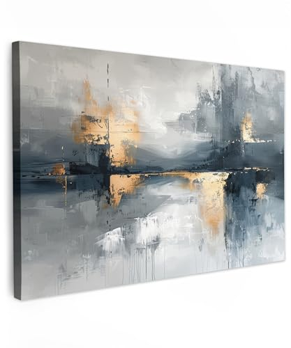 MuchoWow© Leinwandbilder 90x60 cm Wall Art Decoration Bilder für die Wand Schlafzimmer Deko Canvas Painting Wanddekoration Wohnzimmer Kunst - Grau - Gold - Abstrakt