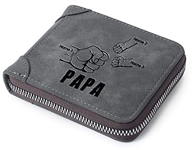 Glimmerday Portafogli con Cerniera da Uomo Personalizzati, Portafoglio Pieghevole in pelle con Incisione Personalizzata da 2 a 5 Nomi per Papà, Padre, Nonno (3 Nomi)