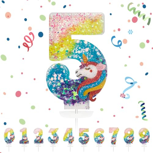 Geburtstagskerzen Zahlen 5,3D Regenbogen Einhorn Geburtstagskerzen,Kerzen Geburtstag Zahl 5, Kuchen Topper Dekoration Kuchendeko Geburtstag, Geburtstagskerzen für Geburtstagsdeko Mädchen Jungen