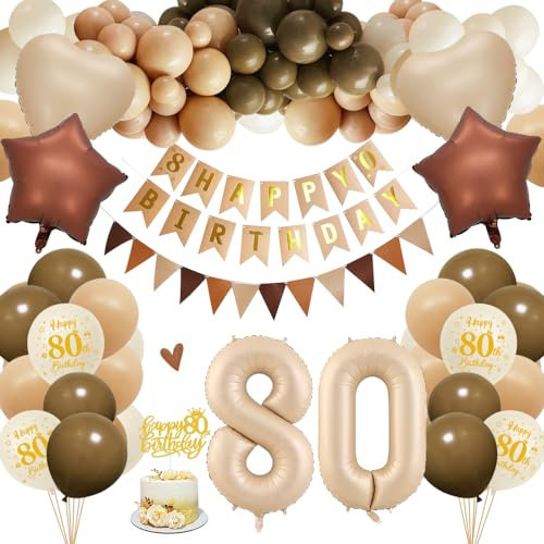 80. Geburtstagdeko Frauen Männer, 80 Jahre Braun Beige Ballon Arch Kit mit Happy Birthday Banner, Cake Topper, Geburtstag Zahlen Luftballon 80, Folienballon, Party Deko für 80 Geburtstag