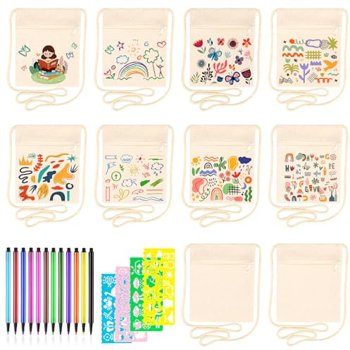 patinadrift 10 Stück DIY Taschen zum Bemalen für Kinder,Stoffbeutel zum Bemalen Brustbeutel Kinder mit 12 Farbstifte,4 Malschablonen,Stofftaschen für Schule,Party,Feier