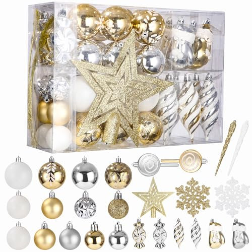 Bixury 88 Stück Weihnachtskugeln Set Gold Weiß Christbaumkugeln Set Christbaumkugeln Kunststoff Deko Weihnachten mit Baumspitze Stern Funkelndem Weihnachtsbaumschmuck für Dekorationen Festival Dekore