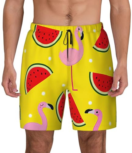 Short de bain extensible pour homme Imprimé flamant rose et pastèque avec poches à séchage rapide, noir, 3X-Large