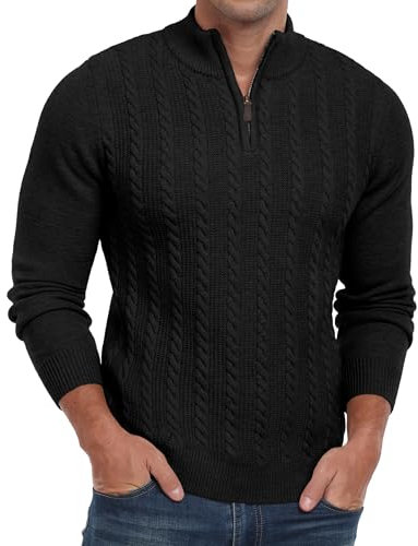 Hisir Mens Quarter Zip Jumper Cable Knit Crew-Neck Sweater Long Sleeve Jumpers Causal Pullover Winter for Men (Black, S)