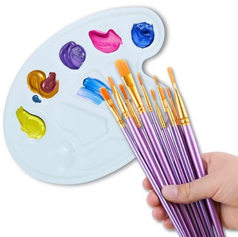 Amir Amour® Paleta de Pintura + Juego de 10 Pinceles | Paleta de Mezcla de Pintura | Paleta con Paquetes olvidados | Paleta con Orificio para Mango | Paleta Acuarela | Paleta Pintura acrilica y oleo