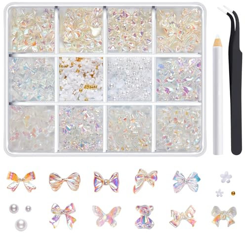 850Pcs 3D Bow Nail Charms, Clear Colorful Nail Art Charms Bowknot Nail Art Rhinestones and Pearls with Tweezers, Nail Pens Nail Decorations Nail Art Accessories for Girls, Women Party, Daily