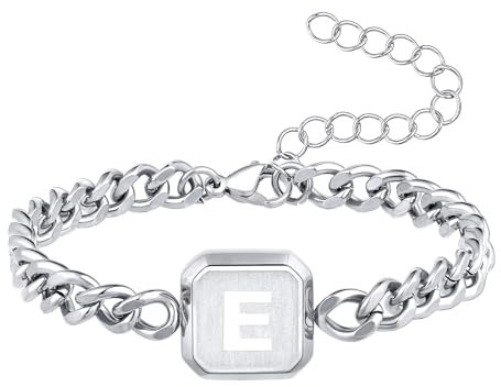 Initial Armband Silber Squre A-Z Letter Cuban Link Chain Herren Armbänder Einstellbare Größe Edelstahl Männer Schmuck Geschenke für Ehemann Vater Bruder Sohn (Silber M)