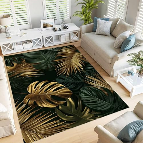 GDJSMIN Alfombra Hojas Tropicales Doradas área Vintage - Alfombra de Salón Antideslizantes y Lavable, Hojas de Monstera Alfombras Decorativas para Habitación,Comedor,Pasillo,Naranja 120x180cm