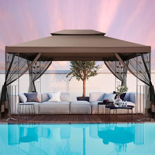 COBIZI Pavillon 3x4 Wasserdicht Stabil Winterfest, Gartenpavillon 3x4 mit Moskitonetz und Doppeldach, Einfaches Einrichten Metall Pavillon Stabiler als EIN Faltpavillon, UV-Schutz 50+, Braun
