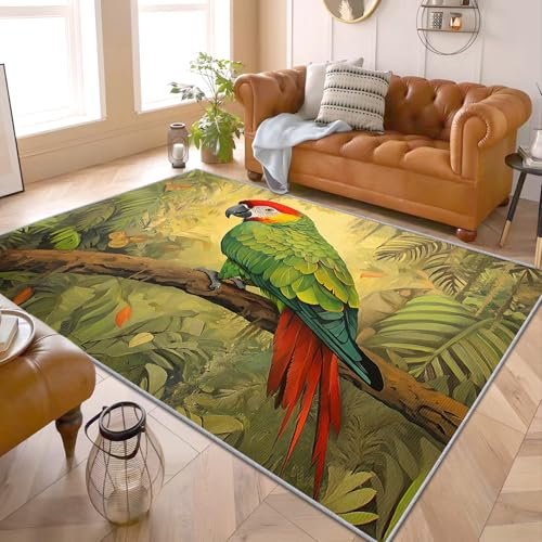 Teppich Dschungel Grün - Teppich Wohnzimmer Schlafzimmer Tropischer Dschungel, Kleiner Teppich Dschungel Papagei, Weich Kurzflor & Waschbar & rutschfest Fussmatte Innen, Kinderteppich 50x80 cm