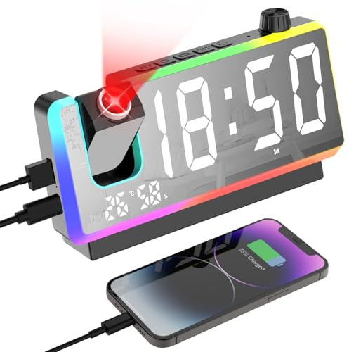 Cuteefun Reloj Proyector Techo, 7 Pulgadas Despertador Digital, Luz Nocturna RGB De 8 Modos, Proyector De 180 °, Doble Alarma, Puerto USB Doble, Temperatura y Humedad, 3 Niveles de Brillos, Negro