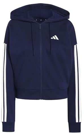 adidas Women's Essentials 3-Stripes French Terry Full Zip Hoodie, Dark Blue/White, L