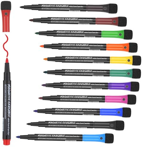 JIANTA Feutre Tableau Blanc Effacable, 12 Pcs Whiteboard Marker Marqueurs Magnétiques Stylo Tableau Blanc Effacable pour Planificateurs, Verre, École, Bureau, Maison