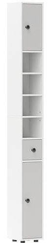 kleankin 180cm Tall Bathroom Cabinet, Slim Bathroom Storage Cabinet with 4 Open Shelves, 2 Door Cupboards and Adjustable Shelves, Light Grey
