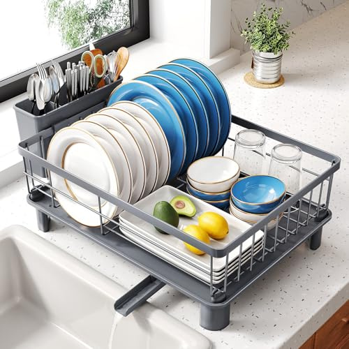 SNTD Dish Drying Rack for Small Kitchen Counter, 11 W x 15 L, Grey | Space Saving, Rotating Spout & Angled Drainboard for Quick Drainage, Stainless Steel, Removable Utensil Holder
