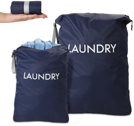 Aevcvok 2 Pezzi Sacco Biancheria Sporca - 2 Misure Sacchetti in Nylon Idrorepellente con Zip e Cordino Sospensione - Laundry Bag per Viaggi, Hotel, Vacanze, Campeggio - Blu Marino