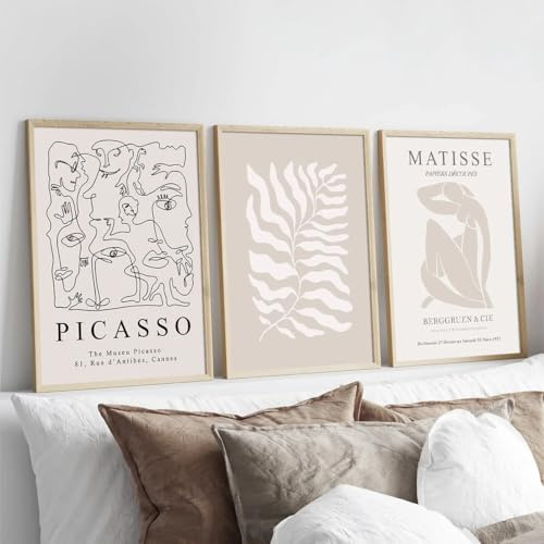 BPJSTU Bohemian Neutral Beige Line Art Picasso Wandkunst Leinwanddrucke, Minimalistische abstrakte Matisse Wandkunst, Heimdekoration (30x40cm/3PCS rahmenlos)