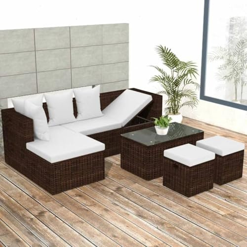 Holamys Salon de jardin 4 pièces en polyrotin marron avec canapé d'angle réglable, table basse en verre pour balcon, terrasse